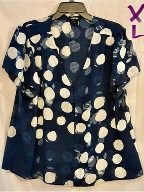Dkny Navy and White Polka Dot V‑Neck Flutter Sleeve Blouse